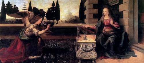 vinci - Annunciation. 1472-1475. Tempera on wood. 98 x 217 cm. Uffizi Gallery, Florence, Italy.jpg